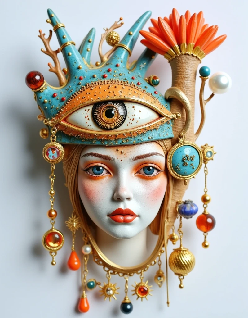 Product Design：Exquisite crafts，Ornaments，Cloisonne craft，Baroque pearls and an eye element and gemstone，sun，moon，beeswax，amber，turquoise，wood，coral，Retro， white background for the head only