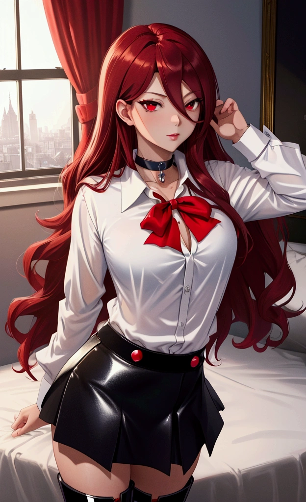  The best quality , ( masterpiece :1.3),  cinematographic lighting , ultra-detail, (highres:1.1), mitsuru kirijou, standing, pose sexy, long dark red hair, (hair covering the left eye),  detailed eyes , red eyes, sensual lips, choker:1.6, red bow on the chest , ((White buttoned shirt)), (shiny black miniskirt), (black boots), elegant room, mansion, night