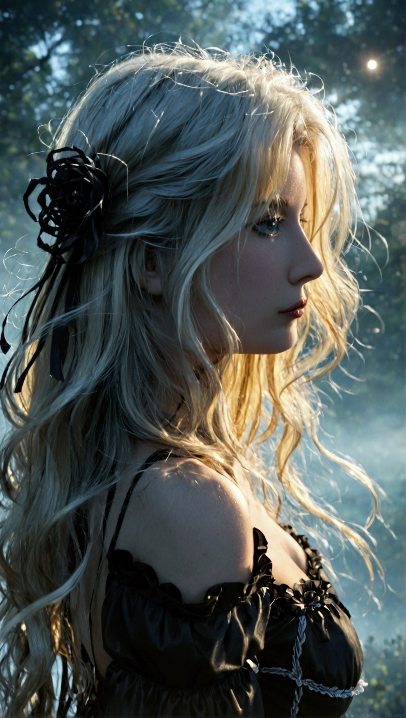 ( extremely detailed Unity 8k CG wallpaper , Masterpieces,   Best quality ,  Detailed Description),( Best Lighting ,  best silhouette ,  sweetly and magnificently ),Floating,High saturation,Blonde hair+blue eyes:1.2, dark gothic landscape , Long hair, Looking far away . (สาวสวยBlonde hairยาวและดวงตาสีฟ้าเป็นประกายจากแสงแบบกอธิค)