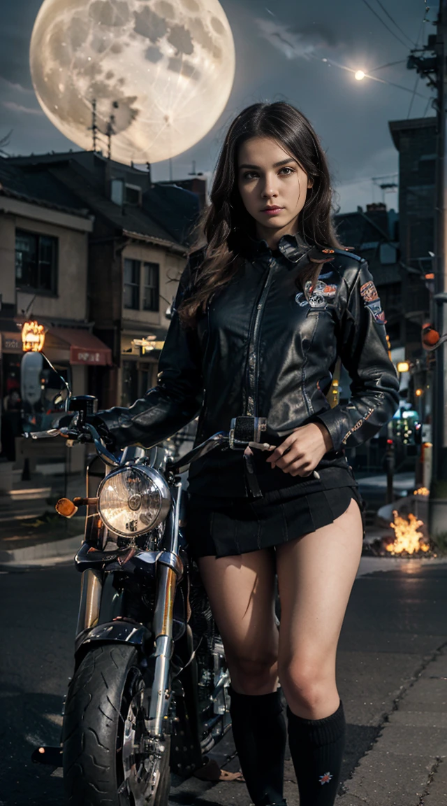 Waifus, 17 years old, pose in front of a futuristic motorcycle ,  The motorcycle has skulls and blue flames , Highly detailed 3D graphics., night landscape with full moon in the background,  She wears a 3D uniform with skulls and flames and a sailor's miniskirt., socks, HDR-10, epic realism, High octane rendering, Work of art,