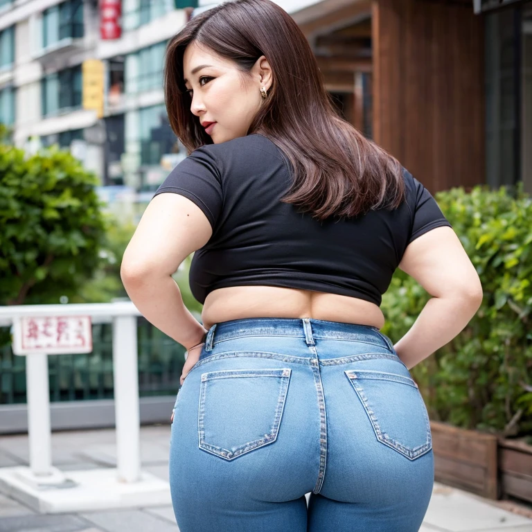 fluffy, Curvaceous, Attractive face　Chubby　Mature woman with ass , 50 years old　Osaka Auntie　Wear an apron　 stomach sticking out of my face　Tight denim pants　Rear view　 standing