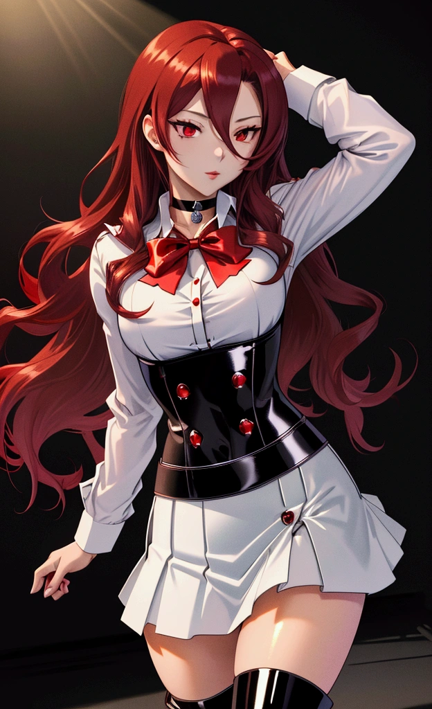  The best quality , ( masterpiece :1.3),  cinematic lighting , ultra-detail, (highres:1.1), mitsuru kirijou, standing, pose sexy, long dark red hair, (hair covering the left eye),  detailed eyes , red eyes, sensual lips, choker:1.6, red bow on the chest , ((White buttoned shirt)), ((shiny black miniskirt)), (black boots), elegant room, mansion, night