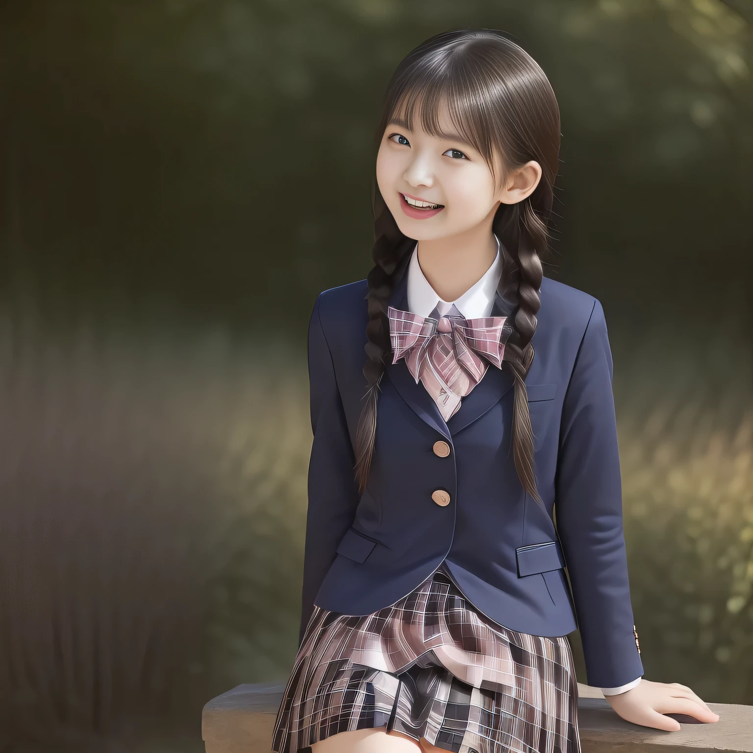 (Highest quality, masterpiece:1.2), Highest quality, High resolution, 1080P, 8k, (A noble, graceful and intelligent **yo Japanese long-braids-hair girl is smiling at me with extreme beatitude, expressing her happiness to me with her love supreme, advertising school uniform: 1.5), (background is complete black: 1.0), (double-eyelids, completely balanced, brown wet large eyes with detailed beautifully: 1.6), (Drives me crazy for her navy-colored neat tartan checkered blue skirts and make me fall into her navy-colored tartan checkered skirt: 1.8), (Everyone says she is the most beautiful **** girl in Japan: 2.2), (Fine white skin that looks like she has never been out of home: 1.6), (Navy colored school blazer, Navy blue pleated school tartan checkered skirt: 1.0), (Plain blue school ribbon on the breast), (Sky-blue background), (Girl whom everyone loves because of her beauty and lovely fashion and noble manner and magic-charm of succubus: 1.0), (Kanko school uniform model: 1.5)