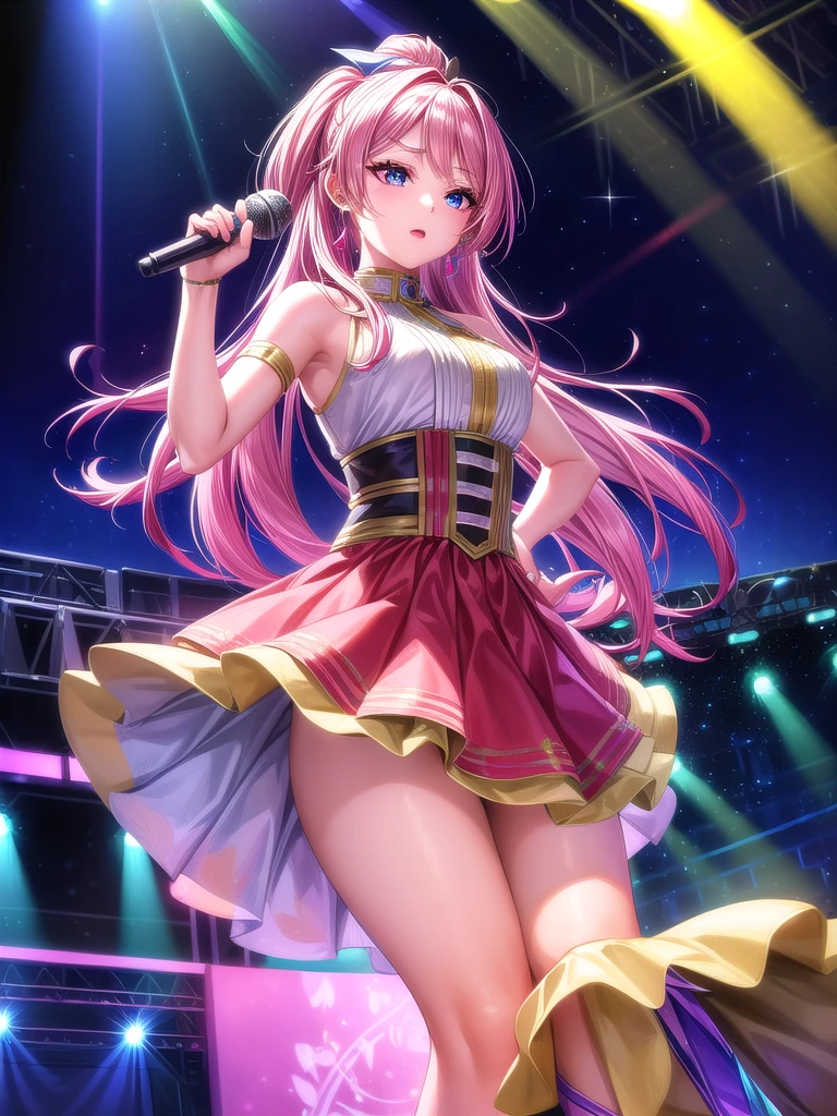 Illustration, movie light, high resolution, best quality, ultra detailed, detailed face, (detailed eyes), highest quality, super detail, masterpiece, (detailed face), pretty face, best smile, sexy mature woman, transparent (Lolita fashion: 1.5) cloth, ultra detailed embroidery, floating cloth, see-through, choker, open cross, NSFW, high heels, red eyes, neon small shiny hair ends, D cups, cleavage, AI fantasy concert, glowing lighting with neon details, (singing holding the microphone with left hand: 15), Singing with butt sticking out: 5, Idol, (Live stage: 1.15) To the packed audience in the background, reflection of light, heart-shaped iris, playful eyes, open shoulders, rain, (wet body), small glowing butterflies, hair jewelry, panties, ( Cute white string panties with ultra-detailed embroidered ribbon)