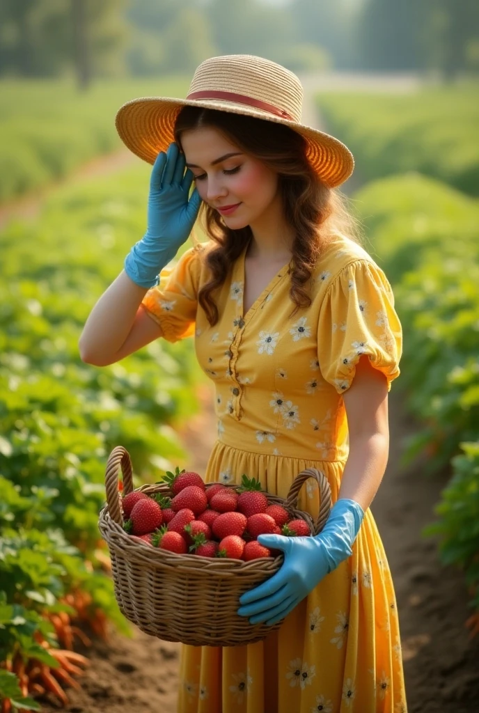 A brunette pinup girl smiling showing a basket of coffe grains on a coffe farm.