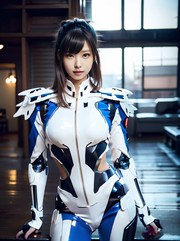 Highest quality,masterpiece,Ultra-high resolution, Very detailed, 8k,(Beautiful woman),Beautiful Japanese Women:1.5,Black Hair、((Crucifixion)),torture,slave,((クロスにCrucifixionにされた女性:1.5)),Crucifixion刑, Type X, (White and blue robot suit, Plump, Slightly thicker)
