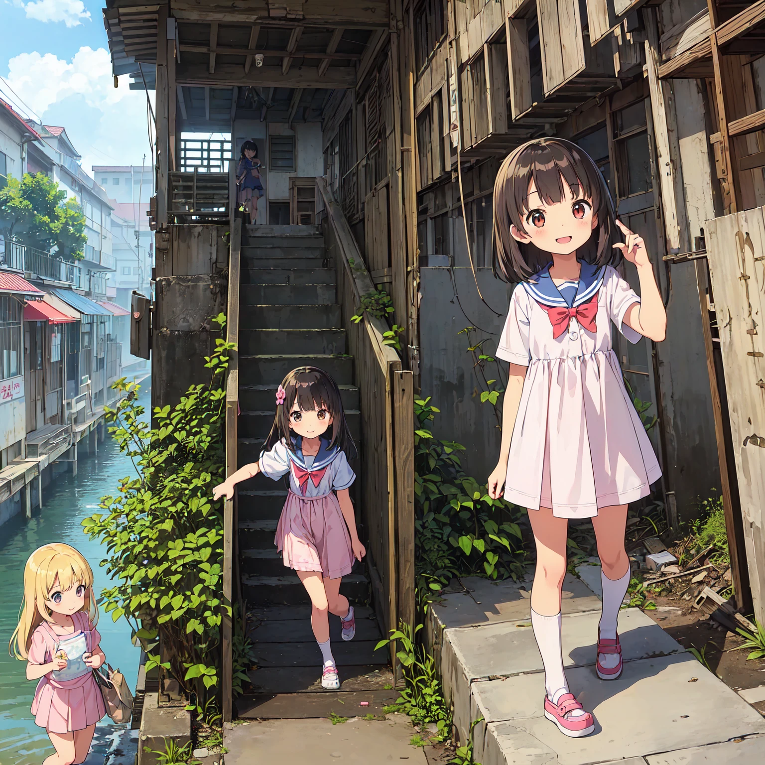 
(masterpiece、Detailed Anime)、((Three cute girls、Three  girls、Summer clothes、にぎやかでfun))、( old and dirty stairs in the housing complex、Abandoned Port Town、Battleship Island:1.2、Vending machines、garbage、Use waterways)、(Poor conditions)、(smile、fun)、smile、Happy school s、 Perfect Anatomy