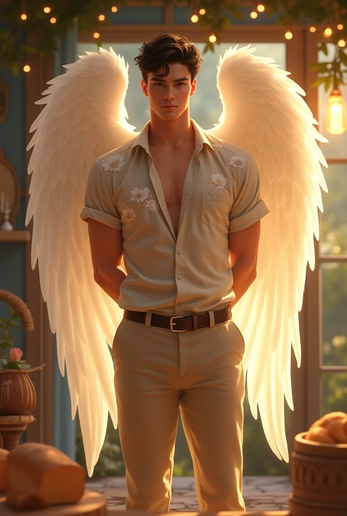 1 man, alone, young handsome man, Latin mulatto skin, attractive features, tan tone skin, dark blue eyes, friendly expression, huge white wings coming out of his back, 2 angel wings, physical fitness, man's long haircut medium, black brown hairstyle, small beard, athletic physique, slender, no body hair, wearing nothing, completely naked , Realistic, fully naked, nude, perfect , male , correct male scrotum, perfect scrotum, male structure, correct male genitelia, huge and veiny male genitelia, hard male genitalia, erect male genitalia, full body tattoos. emotion: greet, environment: war field