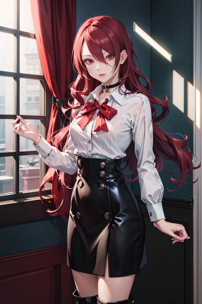   The best quality , ( masterpiece :1.3),  cinematic lighting , ultra-detail, (highres:1.1), mitsuru kirijou, long dark red hair, ( hair covering a right eye ),  detailed eyes , red eyes, choker:1.6, red bow on the chest , ((White buttoned shirt)), (shiny black miniskirt), (black boots), elegant room, mansion, night}