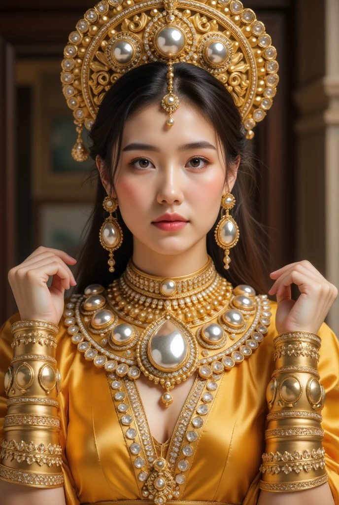 Beautiful woman, noble and elegant, wearing a golden headdress, a super thick necklace with an extremely large gem hanging from it, clothes that are also glittering with gold. Huge golden earrings adorn her ears, and on her arms are very thick golden ornaments.