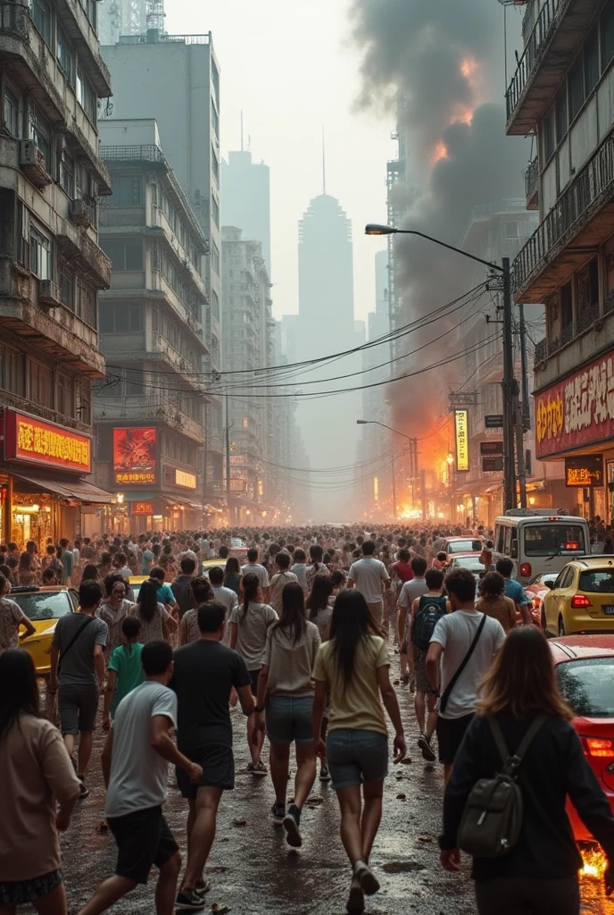 (RAW photo, realistic photo, high quality, masterpiece, hongkong), zombie attack in hongkong, people is scared and running, cars crush on cars and cars are burning, terrible, smoke in the air, buildings cracked