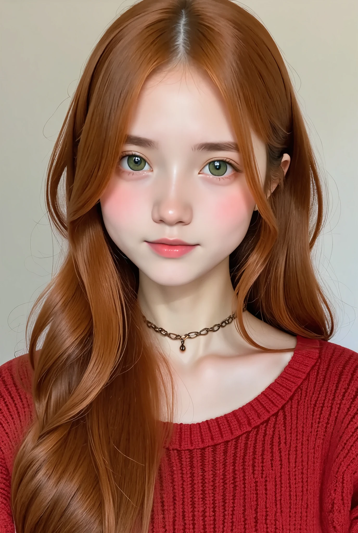 (((Solo Girl))) ( 1 girl) , Full Body Shot,  shot from below , RAW Photos, (**** skinny redhead girl:1.2), ((baby face)) ((intense red hair)) (( very long hair)),  blanking, Graphic Eyeliner, Rouge, (lipstick:0.6), ( choker:0.9),  realistic skin texture ,  Oversized Knitted Sweater , (red:0.8), Softcore,  Warm Lighting ,  Cozy Atmosphere , Instagram Style, nsfw , Naive, shy, short, thin, fit, beautiful, cute, Pale skin, ((A little smile)) (( blanking smile))