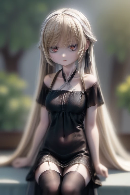 1girl, blonde_hair, long_hair, red_eyes, vampire, sharp_teeth, pale_skin, twintails, serious_expression, black_dress, gothic, stockings, blood, mature, sitting, throne, seductive, powerful_aura, dangerous, melancholic