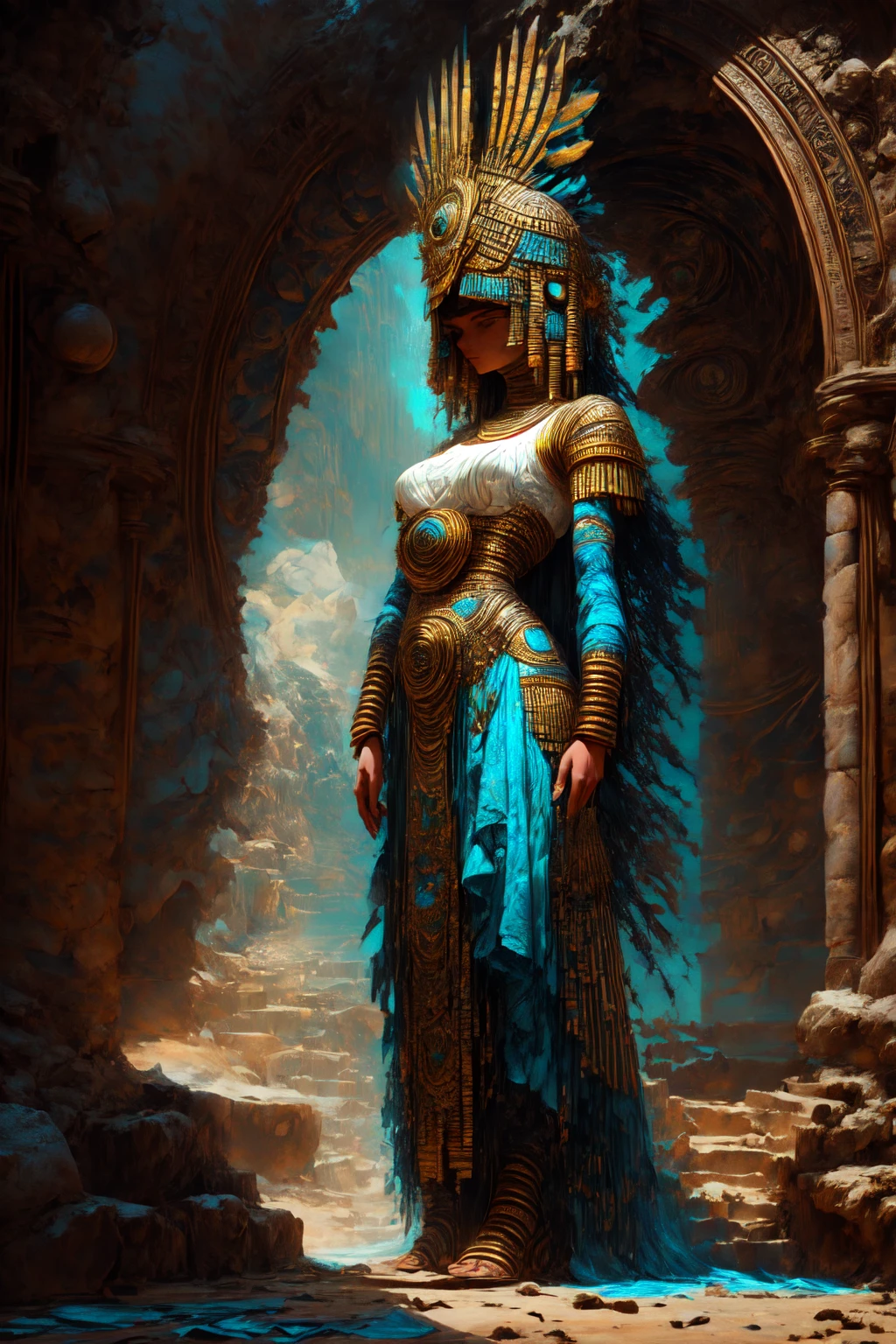 Tia is shown to have a fairly slender figure. She has white-grey hair , she has short hair and large pale green eyes,  An Pharaonic-styled futuristic suit worn by a girl depicting cultural fusion and modern fashion. The suit is adorned with intricate patterns and vibrant colors, showcasing the rich heritage of Egypt. The girl stands confidently in a dynamic pose, with her detailed eyes reflecting determination and curiosity. The suit's material is a combination of traditional textiles and futuristic synthetic fabrics, giving it a unique and avant-garde appearance. The overall image quality is of the highest standard, with sharp focus and ultra-detailed rendering. The artwork employs physically-based rendering techniques, resulting in realistic lighting and shadows. The colors are vivid and vibrant, capturing the essence of Pharaonic cultural aesthetics. The background features a fusion of modern architecture and traditional elements, creating a harmonious blend of the past and the future. The prompt explores the intersection of Pharaonic culture, futuristic design, and the artistic representation of a confident girl., cleavage exposed, medium breasts, superior quality, many details, Puri focus  Sharp and realistic