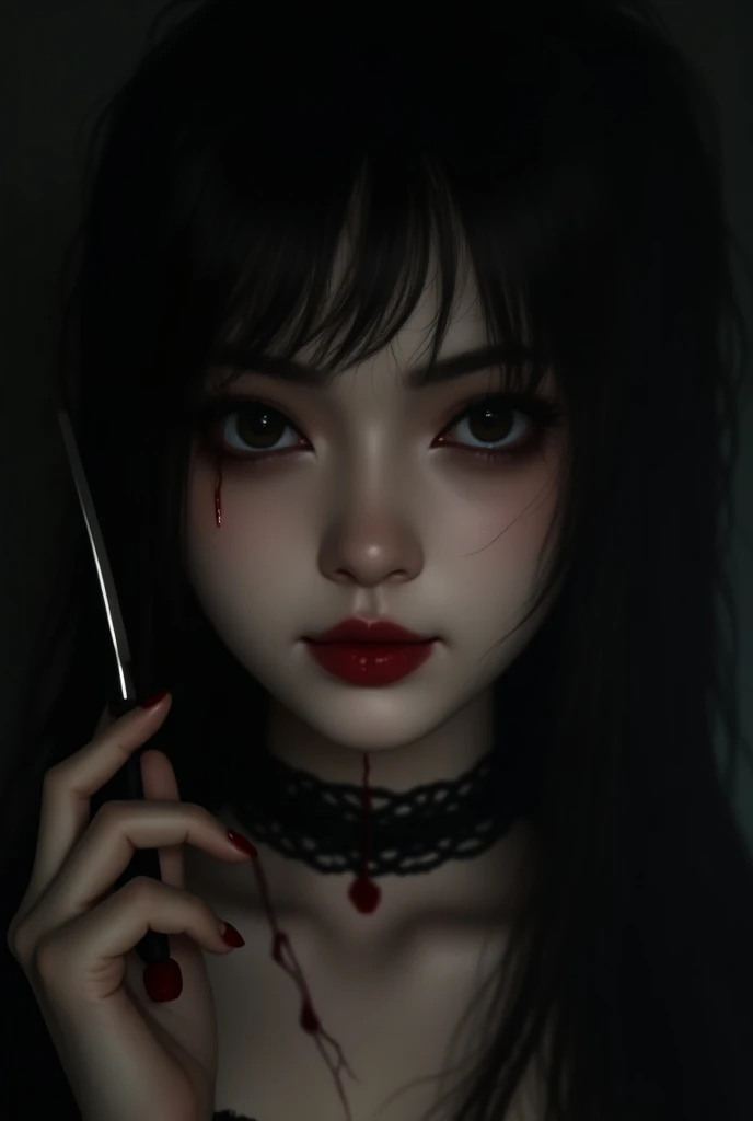 (masterpiece, best quality:1.2), cover image, splashed color background, highly detailed, colorful black, 1 girl, long silver hair, red eyes, blood on eye, head in the hand, short hair, blunt bangs, mannequin, cool face, ((( red sexy ghost))), illustration, horror art, dread, creepy, blood, blood eyes, gore, sitting, opened mouth, blood in mouth,