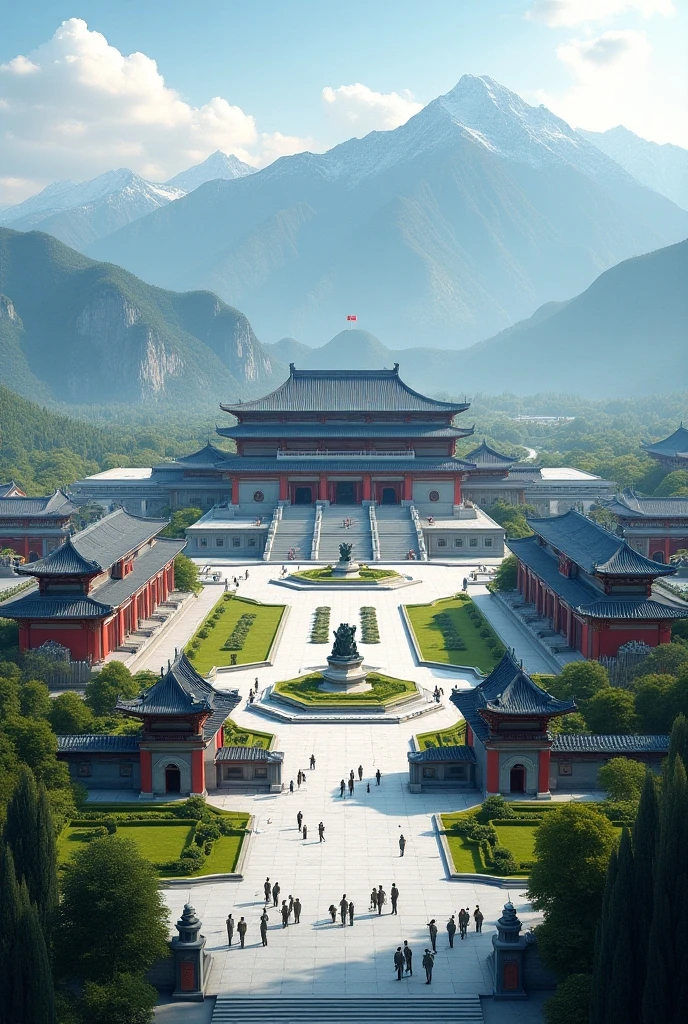 Alafd view, 80,000 square meters square, with the Tang Dynasty palace as the background, blends modern and Han dynasty styles, simple design, natural ecology, crowd bustling, top-down perspective.