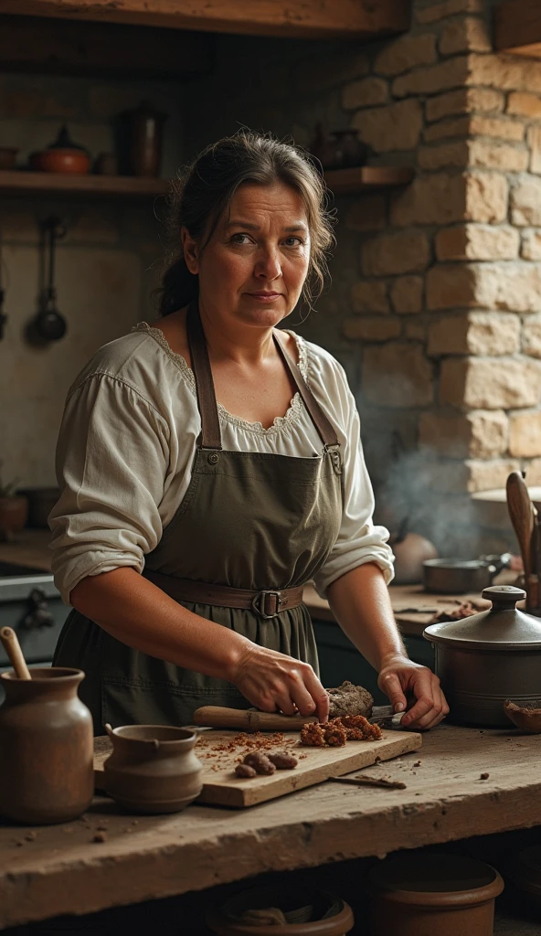 (Venetian Glassblower in Murano, 16th Century:1.4), In her early 40s, the artisan has an experienced and steady hand, her hair a deep chestnut tied back to avoid the flames. She wears a simple but functional linen dress under a leather apron, protection against the heat of the furnace, her attire reflecting the practical needs of her craft while hinting at the wealth her skills have brought her. ([style of Bill Sienkiewicz|style of Sam Spratt|style of Conrad Roset|style of Gerald Parel|style of Ilya Kuvshinov]:1.4),([style of Jovana Rikalo|style of Brandon Woelfel|style of Lara Jade]:1.5), (masterpiece, telephoto, cinematic establishing shot, busty cleavage, highly detailed background:1.3),