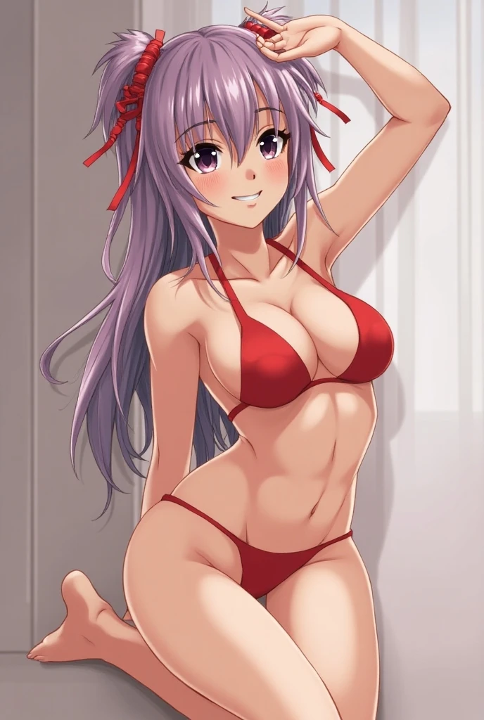 1 girl from an anime with purple hair, in the room with her hands on her hips, big ass, 1girl, solo, smiling at me, yellow eyes, petals, messy pink hair, ((tension)), ((last)), using a thong bikini, side ponytail, toned legs, thick muscular thighs, thin waist, muscular belly, barefoot, 8K, ultra realistic, standing