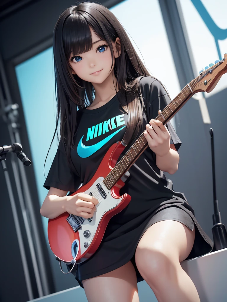 8k, Best Quality, The real picture,  complicated details, Very detailed,  super high definition, Depth Field, ( realistic, realistic), Tabletop, (( shot above the knee)), (((Standing and playing an electric guitar))), ((( 1 girl))), eye_Chan,  so beautiful, innocent big eyes, Beautiful breasts, 非常に詳細なeye, (Beautiful breasts), ((Black Hair)), ( short semi long hair), (Asymmetrical bangs), Perfect Skin, Fair skin, Small breasts, Tight waist, Alone,  Stares at Viewers , (smile), ((Light blue Nike long t-shirt)), ( black miniskirt in a window seat), (Standing in the concert hall )