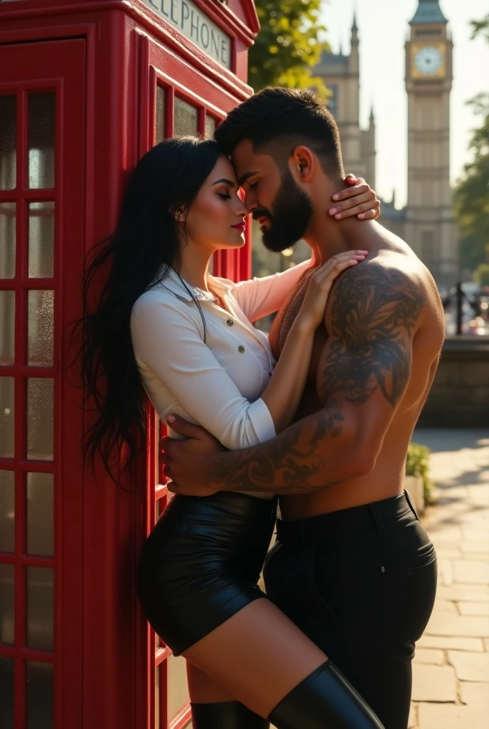 Man wearing maroon full sleeved t shirt and ripped jeans kissing a sexy woman wearing a olive green tank top, white shirt and pants in an amusement park