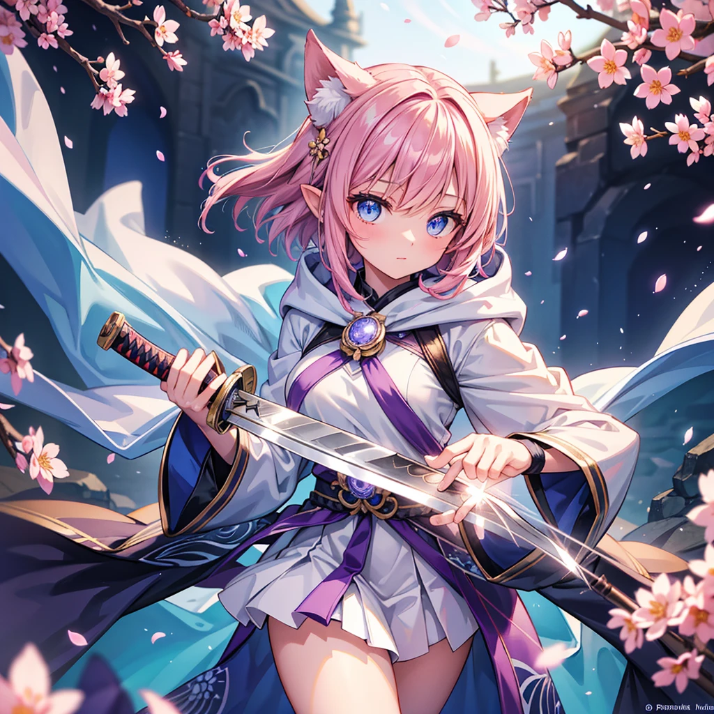 "A young, mysterious girl with short, light hair, wearing a hooded cloak with animal-like ears on the hood. She holds an intricately designed, glowing katana, with beautiful patterns of sakura flowers etched along the blade. The scene is bathed in a soft, warm light, creating a glowing aura around her, with petals swirling around in the air. Her intense, glowing blue eyes are focused, exuding a sense of determination and otherworldly power. The background is blurred, giving the image a dreamy and ethereal atmosphere, while the soft pink and light purple tones enhance the fantastical and magical ambiance. The image is rendered in ultra-high quality, capturing every fine detail with stunning clarity."

