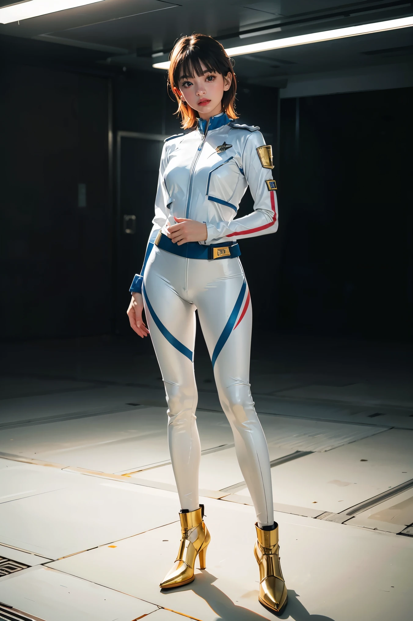 1girl, white, full body, Illustration, cinematic light, high resolution, best quality, ultra detailed, masterpiece, power suit, powerranger, suit, spd, (silver royal guard ranger suit), gold detail