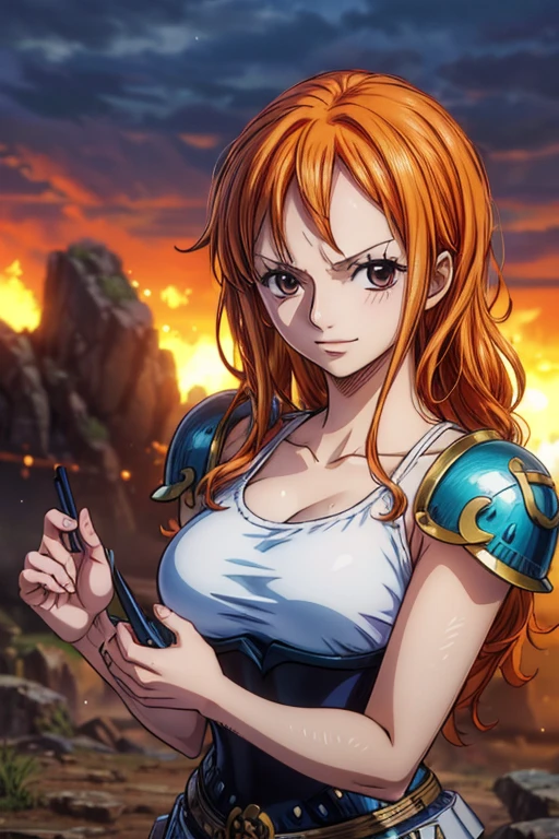  (Best Quality, 4K, 8k,  High Resolution , masterpiece:1.2), Super detailed, (Realistic, photoRealistic, photo-Realistic:1.37),  Preserving Anime Style ,Nami from One Piece, pale orange hair ,Left shoulder tattoo,smile,Large Breasts, Female Magic Warrior ,Knight Armor,Thunder Magic:1.3,Thunder Magicを手から放つ,(Burning Spot :1.2), She is a mysterious knight from Greek mythology and can use the strongest magic praised by spirits