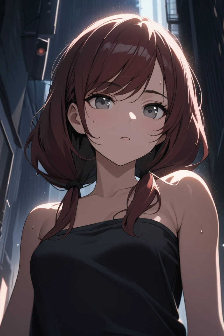 Highest quality, 8K, 4K, High resolution, (Beautifully detailed face), High Contrast,1girl,only,dark red hair, low twin tails, swept bangs, white ribbons,(gray eyes), beautiful eyes, toned arms, small sized breasts, gray strapless shirt with white trim, black jeans, A quiet town late at night, Night Rain, Neon Light
