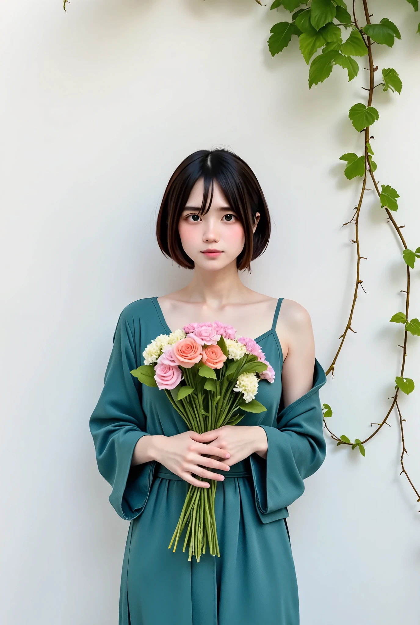 Ivyの貼ったWhite wall、White wall、White wallの前に花束を持った女性が立っている,  very cute 、 Teenager , slim、thin、 very cute***、  Black Hair 、short hair, Short Bob、Assertive 、Lofi Girl, Ivy, wearing blue-Green clothes, With flowers, Low quality photos, Cape, Green clothes, photo shoot, Smooth input _ background, Lofi Girlのaesthetics, 🤤 Portrait of a Girl, beautiful!!, Long Wear ,  Relaxed clothing ,   relaxed attitude  , aesthetics