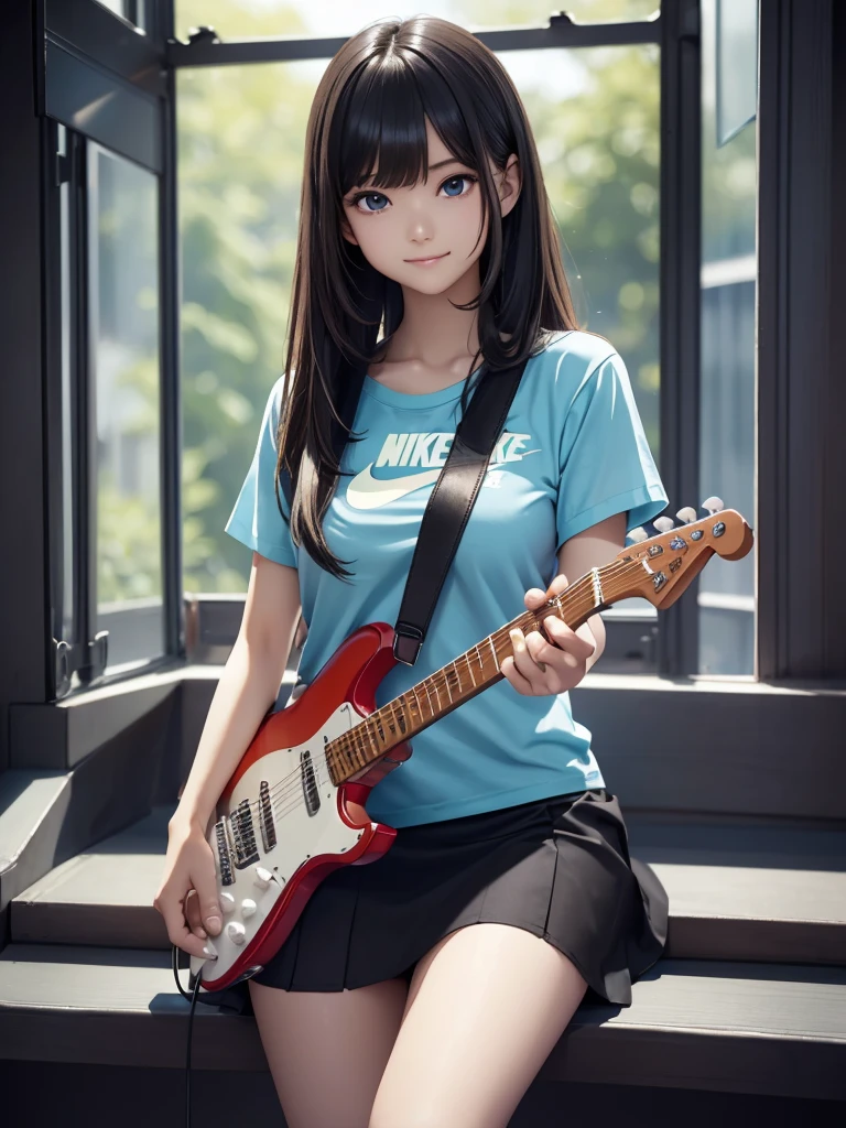 8k, Best Quality, The real picture,  complicated details, Very detailed,  super high definition, Depth Field, ( realistic, realistic), Tabletop, (( shot above the knee)), (((Standing and playing an electric guitar))), ((( 1 girl))), eye_Chan,  so beautiful, innocent big eyes, Beautiful breasts, 非常に詳細なeye, (Beautiful breasts), ((Black Hair)), ( short semi long hair), (Asymmetrical bangs), Perfect Skin, Fair skin, Small breasts, Tight waist, Alone,  Stares at Viewers , (smile), ((Light blue Nike long t-shirt)), ( black miniskirt in a window seat), (Standing in the concert hall )