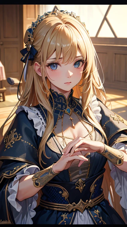 Inside unimaginable ancient ruins、In a corner where a mysterious light shines in、A neat and beautiful girl is standing。her perfect face、It is further highlighted by the artistic shading effect.。Her costume is drawn with realistic materials and textures.、in harmony with ancient ornaments、Carefully expressed down to the smallest detail。The girl is、He is staring at me with a sly gesture.、That moment is as dynamic as a scene from a movie.。This illustration、The design brings out the cuteness of the main heroine to the fullest.、High quality and extremely detailed、cooking