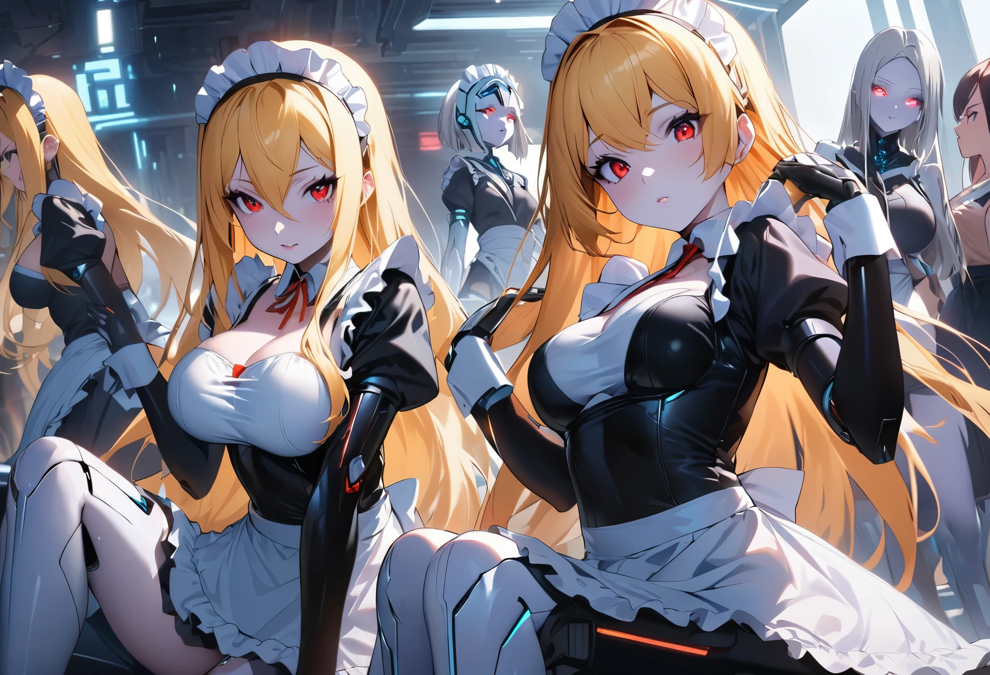 Masterpiece, 4girls, each dressed as a maid. The maids are wearing identical uniforms, beauty and cute, high detailed, dinamic lighting, vivid colours, ultra large saggy breasts, massive cleavage exposed, A giant spacecraft navigating interstellar space, Sophisticated design, huge geometric figures stacked in layers,standing, white skin, blue eyeballs, blonde hair, happys, various hair styles, harem, perfect eye, perfect face, Symmetrical eyes, well-aligned, with a natural and proportionate gaze, Observing their master with a servile gaze.