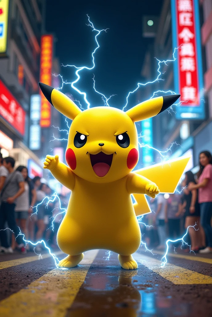 (RAW photo, realistic photo, high quality, masterpiece, hongkong), pikachu fighting in the street, night, lightning on pikachu, electricity on pikachu, pikachu is angry and running to viewer, crowd, full of people on street