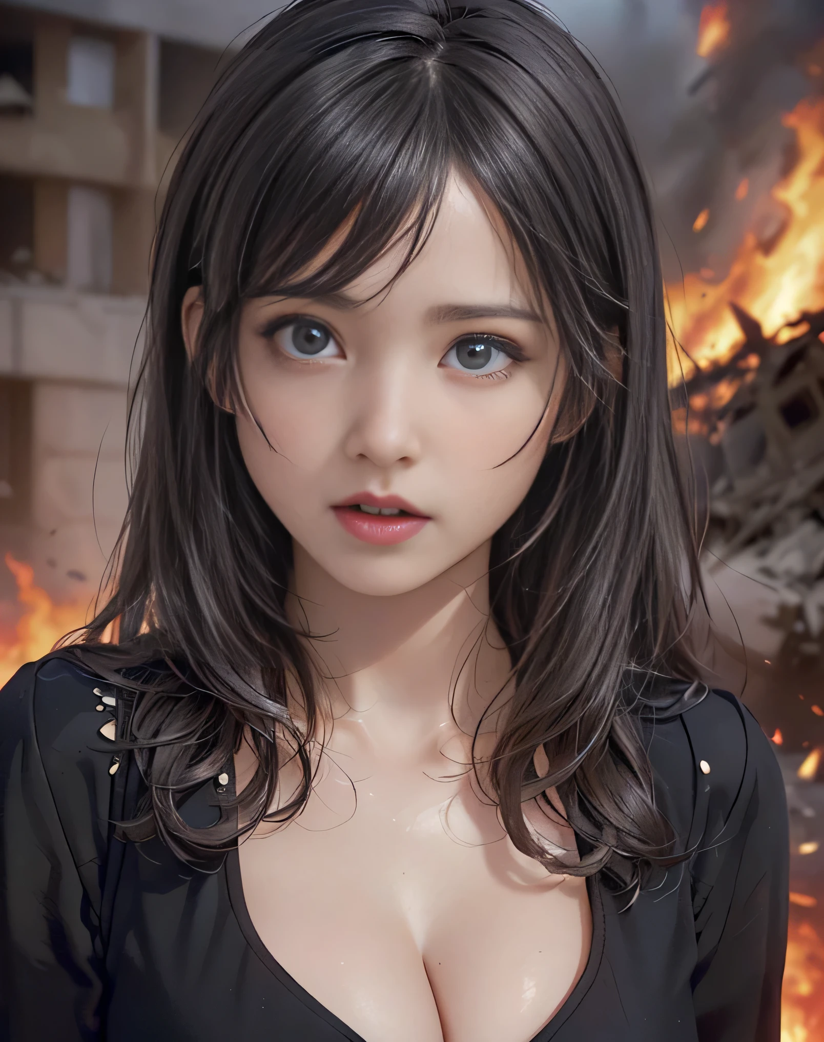 (Realistic:1.8),(High resolution:1.6),(1 girl:1.5),(solo:1.5),(Cool woman:1.2),(small face),(look at viewer:1.2),(Black hair),(long hair),(bangs:1.3),(Cleavage Emphasis:1.5),(slender),(big saggy breasts),(Ruined City:1.3),(Collapsed building),(Destroyed car on fire),(Detailed eyes:1.5),(Accurate eyes:1.5),(Black eyes:1.5),(Wide eyes:1.5),(beautiful eyes:1.5),(orgasm face:1.5)