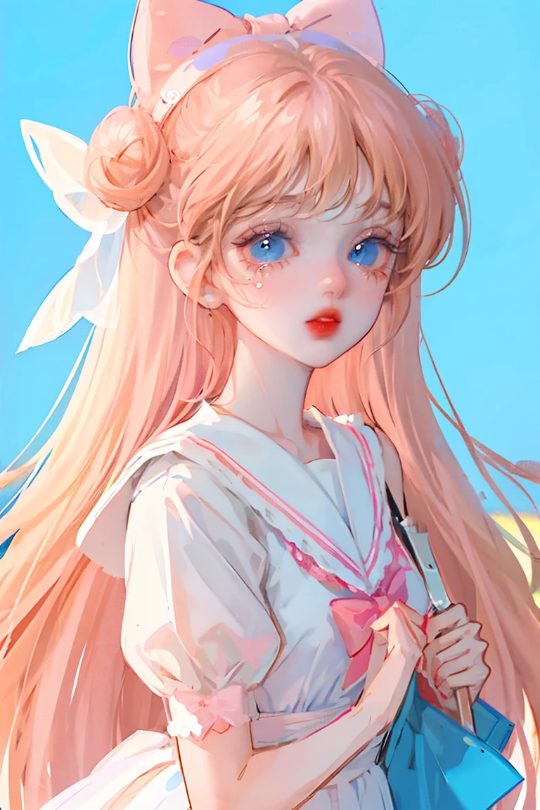 a cute character with sweet pastel tones and an abundance of cuteness. The girl has fair pink skin, large round bright blue eyes that sparkle with long eyelashes, rosy cheeks, and soft pink lips. Her hair is light blonde, styled in fluffy waves with two large buns on either side, adorned with a big blue bow.

The girl's outfit resembles a Japanese sailor uniform, with a white top trimmed in blue and a large bright red bow at the chest. The short navy skirt is edged with white lace, adding femininity and grace. The girl is lying on a bright background with soft plush pillows, surrounded by small white teddy bears with adorable expressions, wearing blue and pink bows.

The girl holds a slice of strawberry cake in her hand, and around her are many fresh strawberries, along with sweets like candies and pastries, enhancing the cheerful and sweet atmosphere. Overall, the image evokes a feeling of stepping into a colorful, joyful, and like fairy tale world.