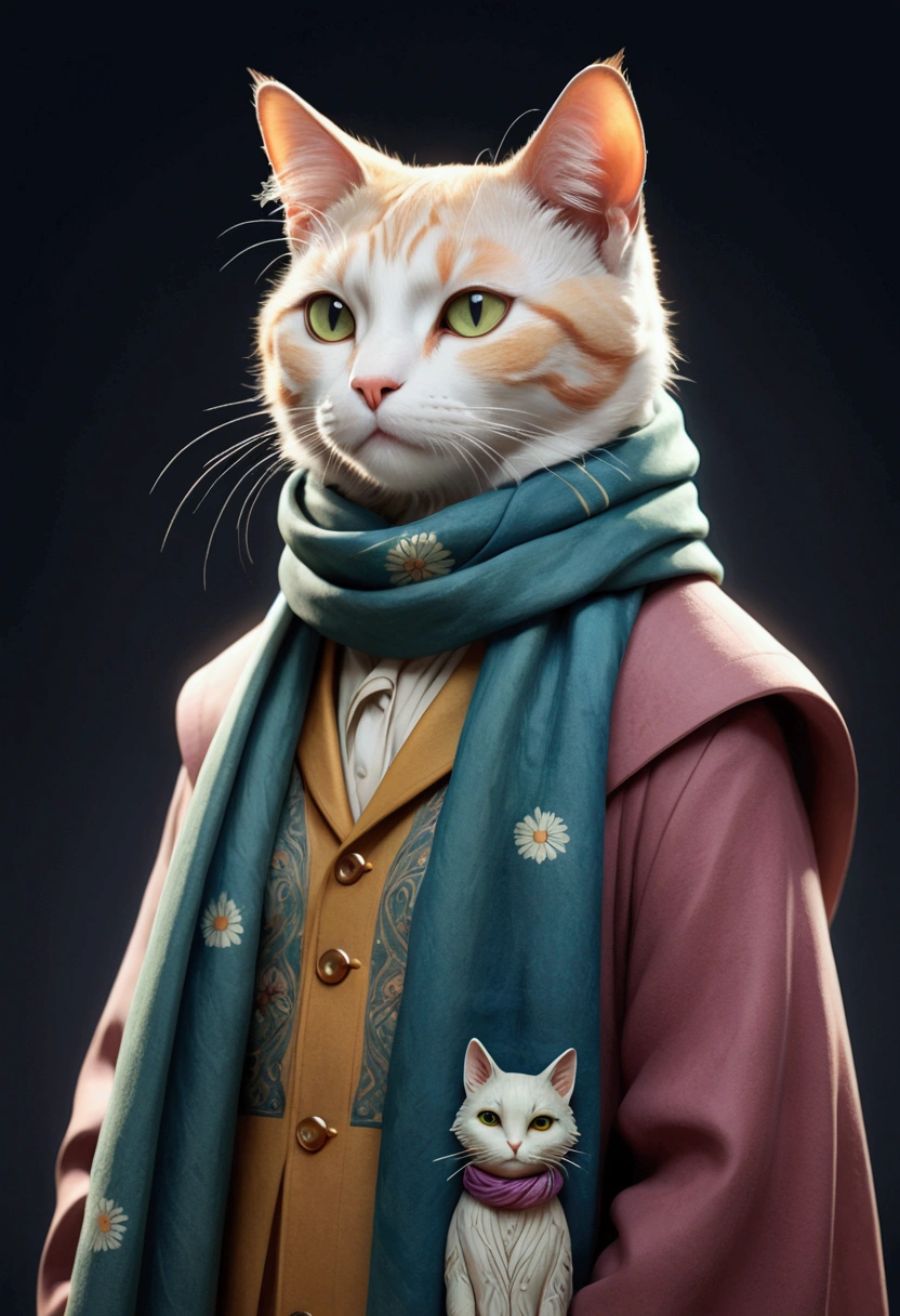 "A thoughtful and idealistic cat character representing the INFJ personality type. The cat is dressed in artistic, slightly ethereal clothing, such as a flowing scarf and long coat, with a wise, introspective expression. The design conveys a sense of depth and compassion. Label 'INFJ' above the character."