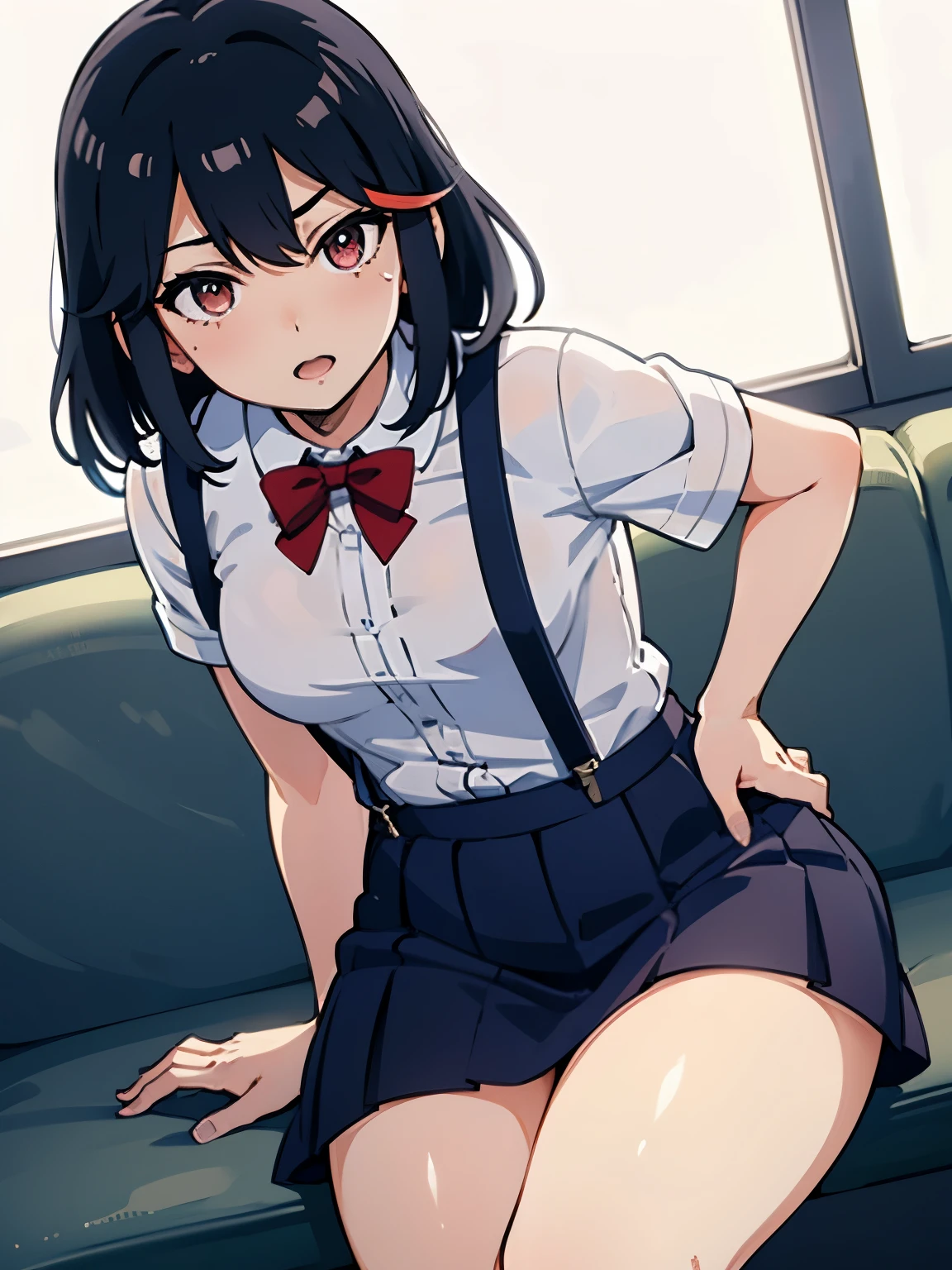 scowling face,cowboy shot,extremely thin legs,standing,extremely young girl,extremely emaciated girl,front shot,flat chest,low twin tails,black hair,red ribbon,pale light pink panty,crotch,navy hip length sailor uniform,navy long skirt,white knee socks,upskirt by her hands:2.0,panty shot,from below:2.0,ground level shot