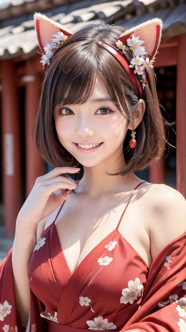 (masterpiece:1.2,  best quality),  Realistic image from a professional photo shoot  , Very realistic, Genuine, Beautiful photos ､ 8k, Very cute and beautiful girl 、Transparent beauty、Beautiful depiction,  detailed illustration, Brown Short Cut , Big Eyes,  sparkling eyes, Bright smile, ((Beautiful and luxurious Japanese kimono  ,  Bold and elaborate floral pattern on red fabric  , Cat ear headband,  smiling with a red maple in her hand )), Red torii gates lined up in the background ,  fantastic landscape with lots of autumn leaves dancing , Full body portrait staring at me  、