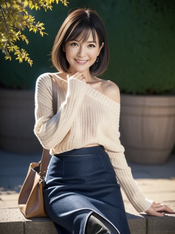  High Resolution , masterpiece, Inflamed skin,  very detailed, Realistic,  professional lighting,  described border depth, sharp, (Front View：1.2),(Japanese Mature, 55 year old women are sexy:1.0), Detailed face,  beautiful eyes, bangs,  large well-balanced breasts ,  light brown straight hair, Faint lips, A gentle smile, Smile, (Catch Eye:1.3),((Stand in front、Watch the audience, Kind Eyes ,)), (ultra thin blue sweater:1.2), ( long slit skirt:1.5), (Mid Boots、 shoulder bag :1.5), Theta, Full body images,  cowboy shot ,  with an extraordinary smile、 Adorable Emotional Expressions 、 Love You and Irresistible 、Love is overflowing, ( random pose :1.5), autumn trees and leaves, autumn setting,  beautiful feet, Shapely thighs, Sit on a bench、Exposed Thighs 
