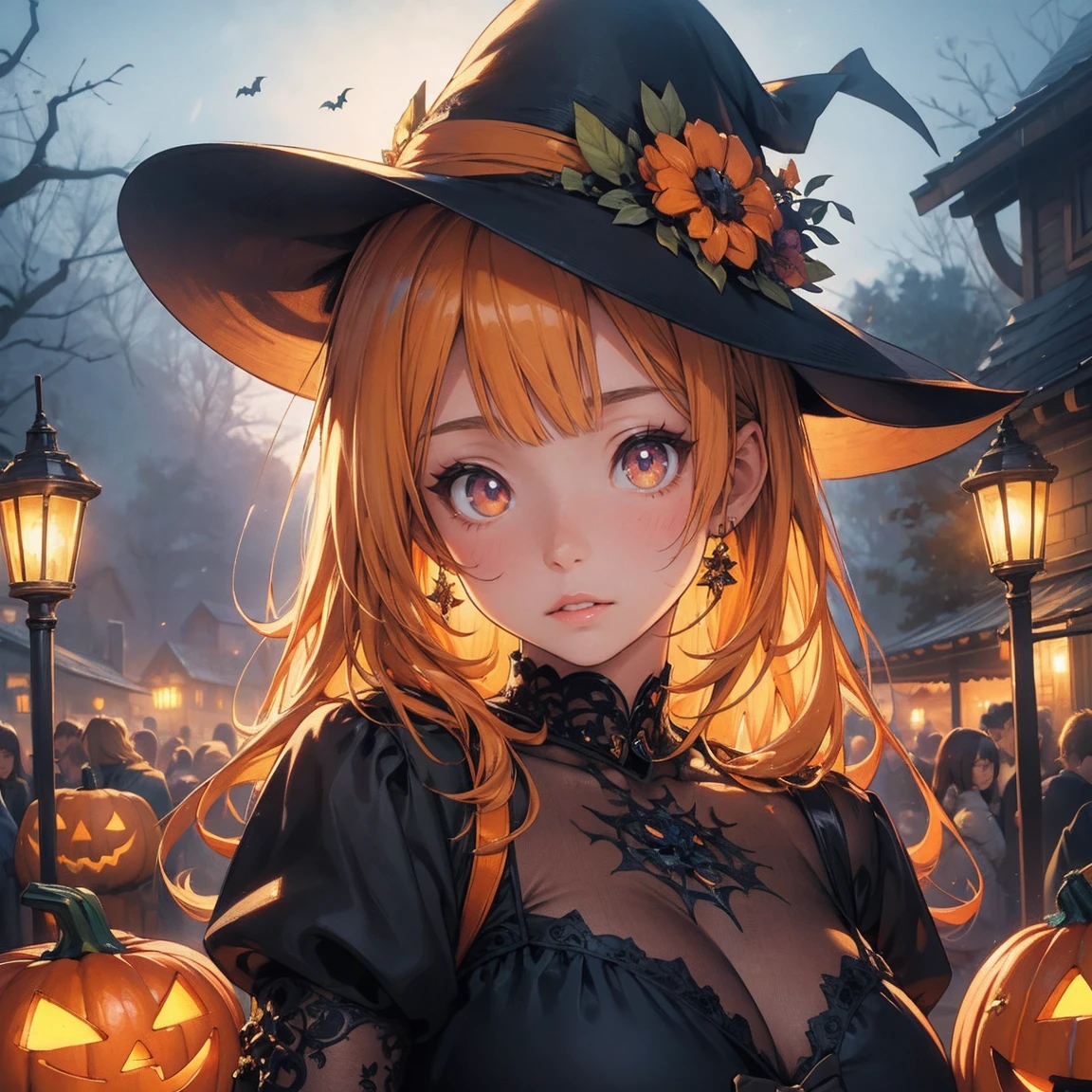 a cute girl in a pumpkin patch, highly detailed, anime style, beautiful detailed eyes, beautiful detailed lips, extremely detailed face, halloween, magical atmosphere, vivid colors, 8k, masterpiece, photorealistic, professional, fantasy art