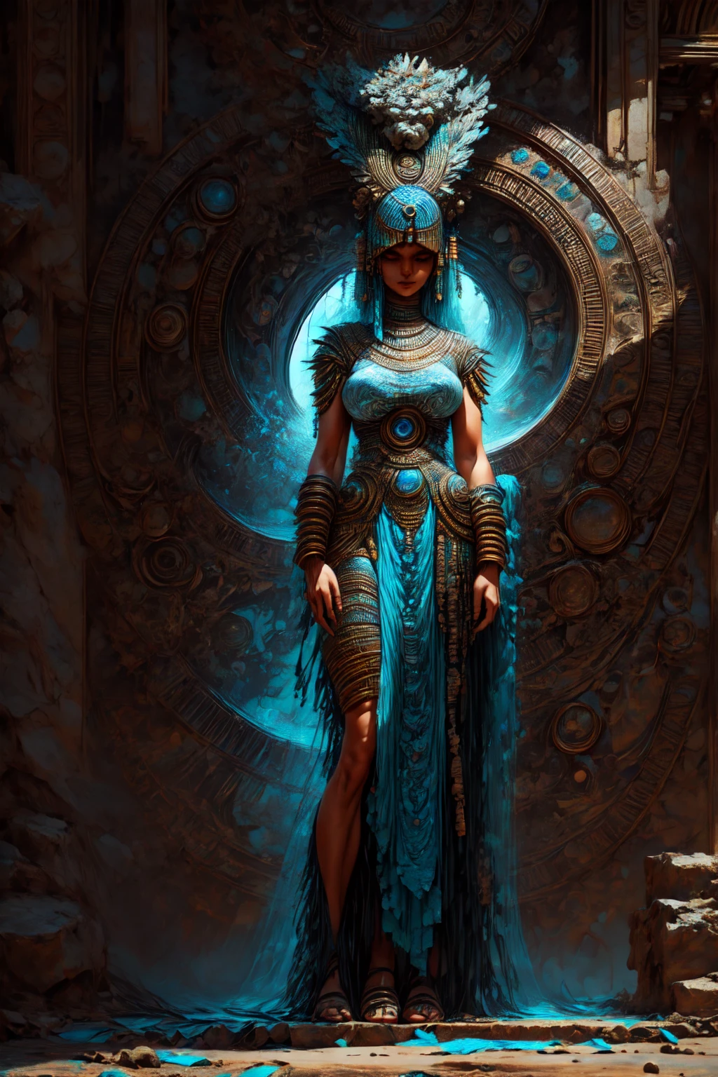 Tia is shown to have a fairly slender figure. She has white-grey hair , she has short hair and large pale green eyes,  An Pharaonic-styled futuristic suit worn by a girl depicting cultural fusion and modern fashion. The suit is adorned with intricate patterns and vibrant colors, showcasing the rich heritage of Egypt. The girl stands confidently in a dynamic pose, with her detailed eyes reflecting determination and curiosity. The suit's material is a combination of traditional textiles and futuristic synthetic fabrics, giving it a unique and avant-garde appearance. The overall image quality is of the highest standard, with sharp focus and ultra-detailed rendering. The artwork employs physically-based rendering techniques, resulting in realistic lighting and shadows. The colors are vivid and vibrant, capturing the essence of Pharaonic cultural aesthetics. The background features a fusion of modern architecture and traditional elements, creating a harmonious blend of the past and the future. The prompt explores the intersection of Pharaonic culture, futuristic design, and the artistic representation of a confident girl., cleavage exposed, medium breasts, superior quality, many details, Puri focus  Sharp and realistic