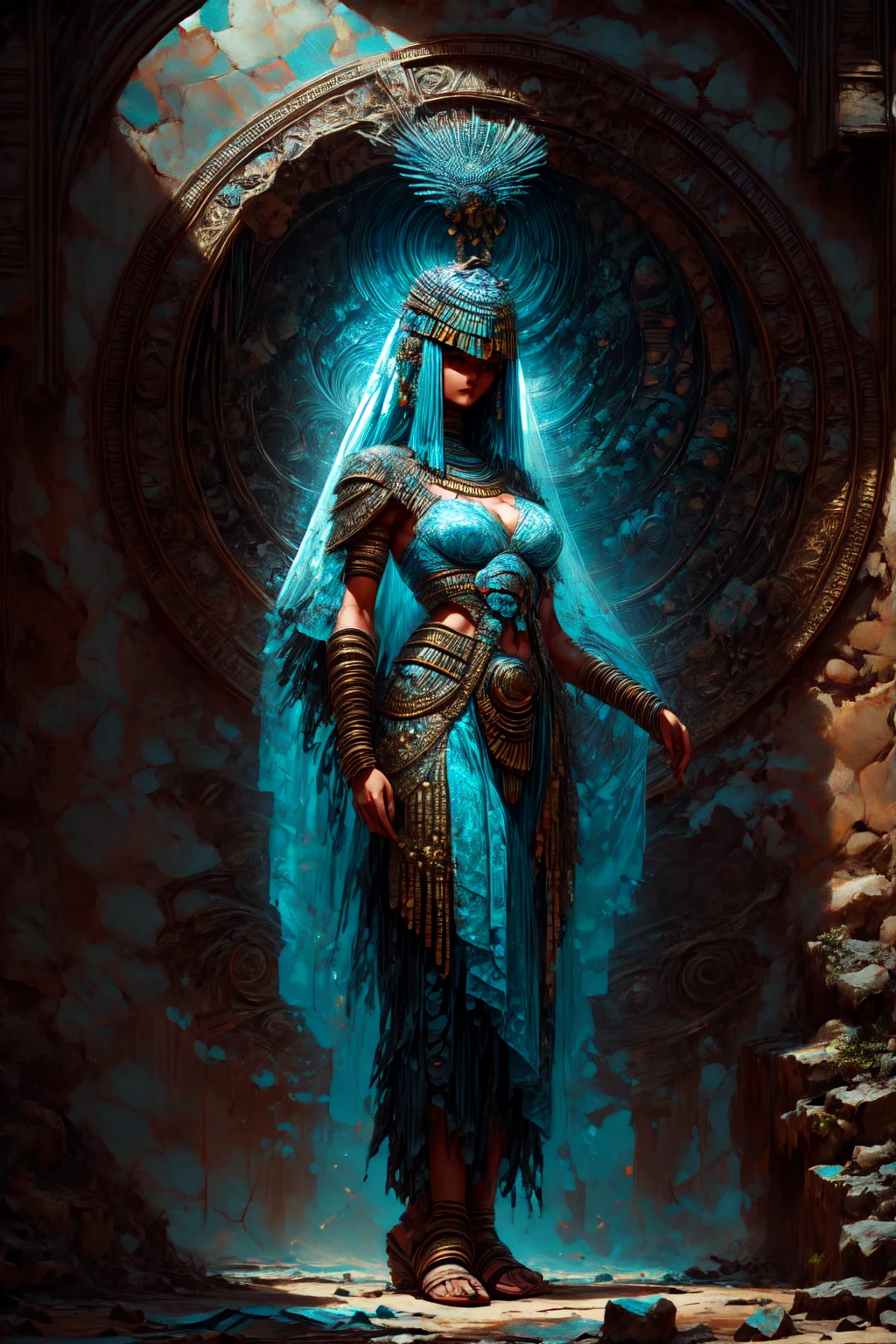 Tia is shown to have a fairly slender figure. She has white-grey hair , she has short hair and large pale green eyes,  An Pharaonic-styled futuristic suit worn by a girl depicting cultural fusion and modern fashion. The suit is adorned with intricate patterns and vibrant colors, showcasing the rich heritage of Egypt. The girl stands confidently in a dynamic pose, with her detailed eyes reflecting determination and curiosity. The suit's material is a combination of traditional textiles and futuristic synthetic fabrics, giving it a unique and avant-garde appearance. The overall image quality is of the highest standard, with sharp focus and ultra-detailed rendering. The artwork employs physically-based rendering techniques, resulting in realistic lighting and shadows. The colors are vivid and vibrant, capturing the essence of Pharaonic cultural aesthetics. The background features a fusion of modern architecture and traditional elements, creating a harmonious blend of the past and the future. The prompt explores the intersection of Pharaonic culture, futuristic design, and the artistic representation of a confident girl., cleavage exposed, medium breasts, superior quality, many details, Puri focus  Sharp and realistic