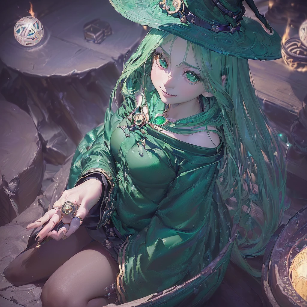 Masterpiece, best quality, best illustration, HDR, Beautiful details, intricate details, detailed scenery, dramatic light, best shadow. 1 Girl, Natsumi Kyouno, looking at viewer, collarbone, outdoors, sunlight, tree, lawn, sitting on floor. Girl has long green hair, messy hair, witch hat, beautiful and detailed red eyes, pink lips, smile, blush, (beautiful and detailed face with perfect symmetry), full body, bare shoulders, long black sleeves, pleated mini skirt, shoes , (perfect skin with anatomical shape, perfect correct texture, high details, shiny skin). cinematic lighting, vivid colors, depth of field