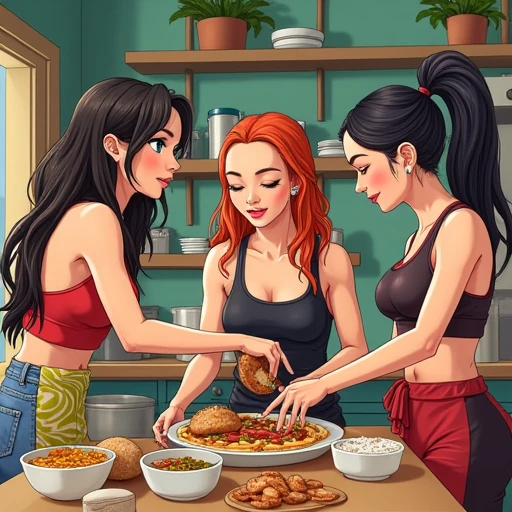 Dessin type cartoon buffet a volonté de cannabis et vaporisateurs de cannabis avec des femmes 