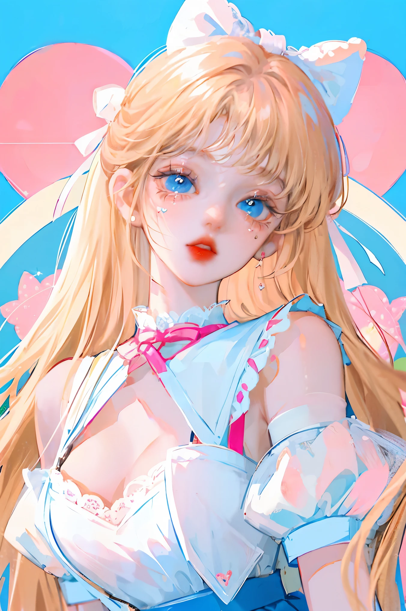 a cute character with sweet pastel tones and an abundance of cuteness. The girl has fair pink skin, large round bright blue eyes that sparkle with long eyelashes, rosy cheeks, and soft pink lips. Her hair is light blonde, styled in fluffy waves with two large buns on either side, adorned with a big blue bow. The girl's outfit resembles a Japanese sailor uniform, with a white top trimmed in blue and a large bright red bow at the chest. The short navy skirt is edged with white lace, adding femininity and grace. The girl is lying on a bright background with soft plush pillows, surrounded by small white teddy bears with adorable expressions, wearing blue and pink bows. The girl holds a slice of strawberry cake in her hand, and around her are many fresh strawberries, along with sweets like candies and pastries, enhancing the cheerful and sweet atmosphere. Overall, the image evokes a feeling of stepping into a colorful, joyful, and like fairy tale world.
