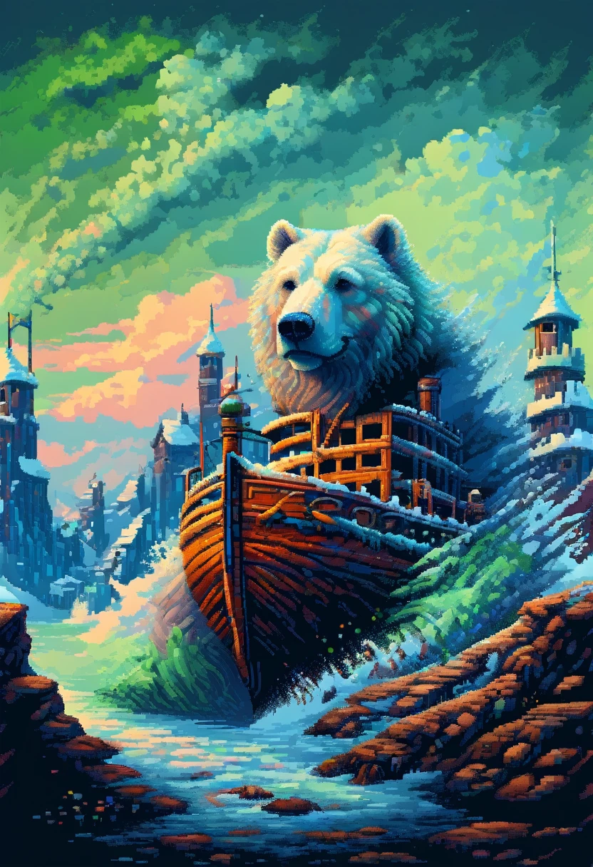 16-bit pixel art, promotional poster, promotional art for "The Golden Compass," 16bit video game art, for a game based on renowned novel "The Golden Compass" by Philip Pullman, BREAK: (it features ((a blonde girl in arctic weather gear)) , a white ermine, a frozen dead fish, a massive polar bear (wearing plate armor), there are sled-dog teams running in snow, there are groups of ren, experimental facilities fade into the background, BREAK: above everything is the northern lights, northern lights in 16-bit rendering, and in the lights is the outline of a cityscape, BREAK: apxlz, ral-pxlprtcl 