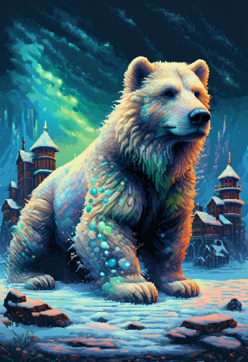 16-bit pixel art, promotional poster, promotional art for "The Golden Compass," 16bit video game art, for a game based on renowned novel "The Golden Compass" by Philip Pullman, BREAK: (it features ((a blonde girl in arctic weather gear)) , a white ermine, a frozen dead fish, a massive polar bear (wearing plate armor), there are sled-dog teams running in snow, there are groups of ren, experimental facilities fade into the background, BREAK: above everything is the northern lights, northern lights in 16-bit rendering, and in the lights is the outline of a cityscape, BREAK: apxlz, ral-pxlprtcl 