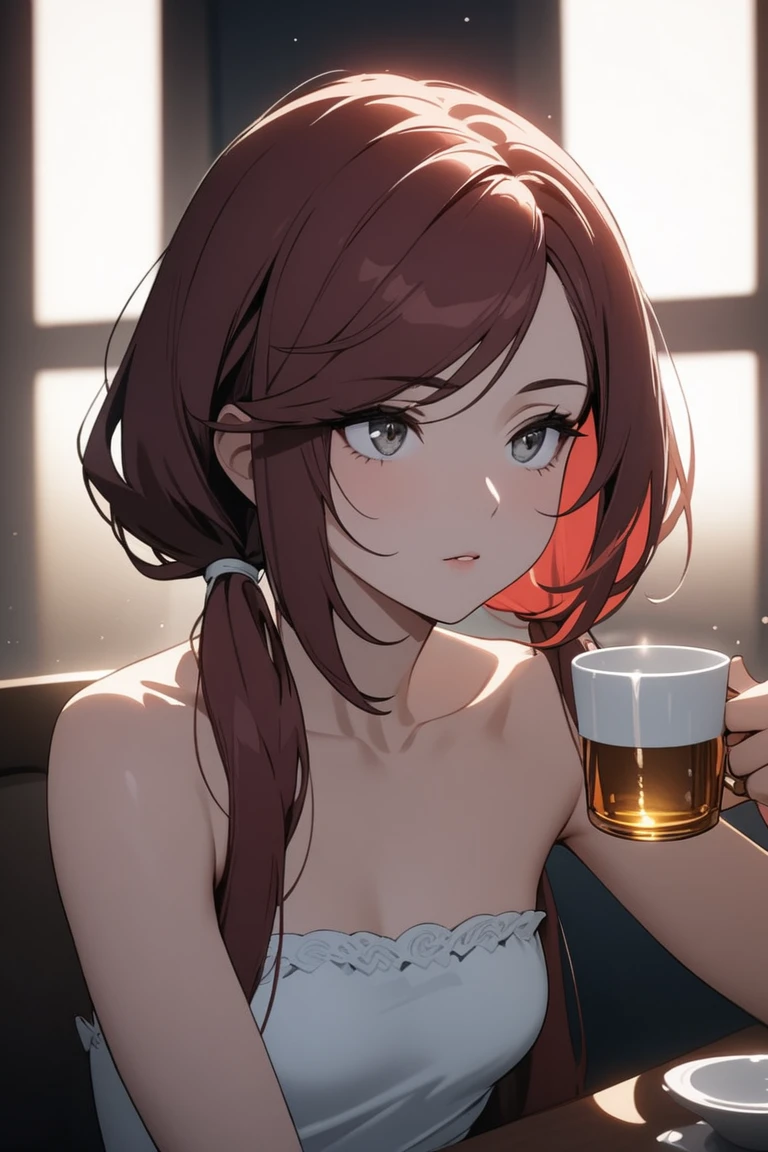 "A beautifully stylized illustration featuring a woman sitting at a bar, holding a glass in her hand. The woman has an elegant and ethereal appearance, with a subtle, wistful expression that conveys a sense of fragility. The bar's ambiance is cozy and chill, with warm, soft lighting that creates a nostalgic atmosphere. The background includes details such as vintage bottles, a wooden counter, and dim lighting, all contributing to a serene and reflective mood that complements the woman's delicate presence."
