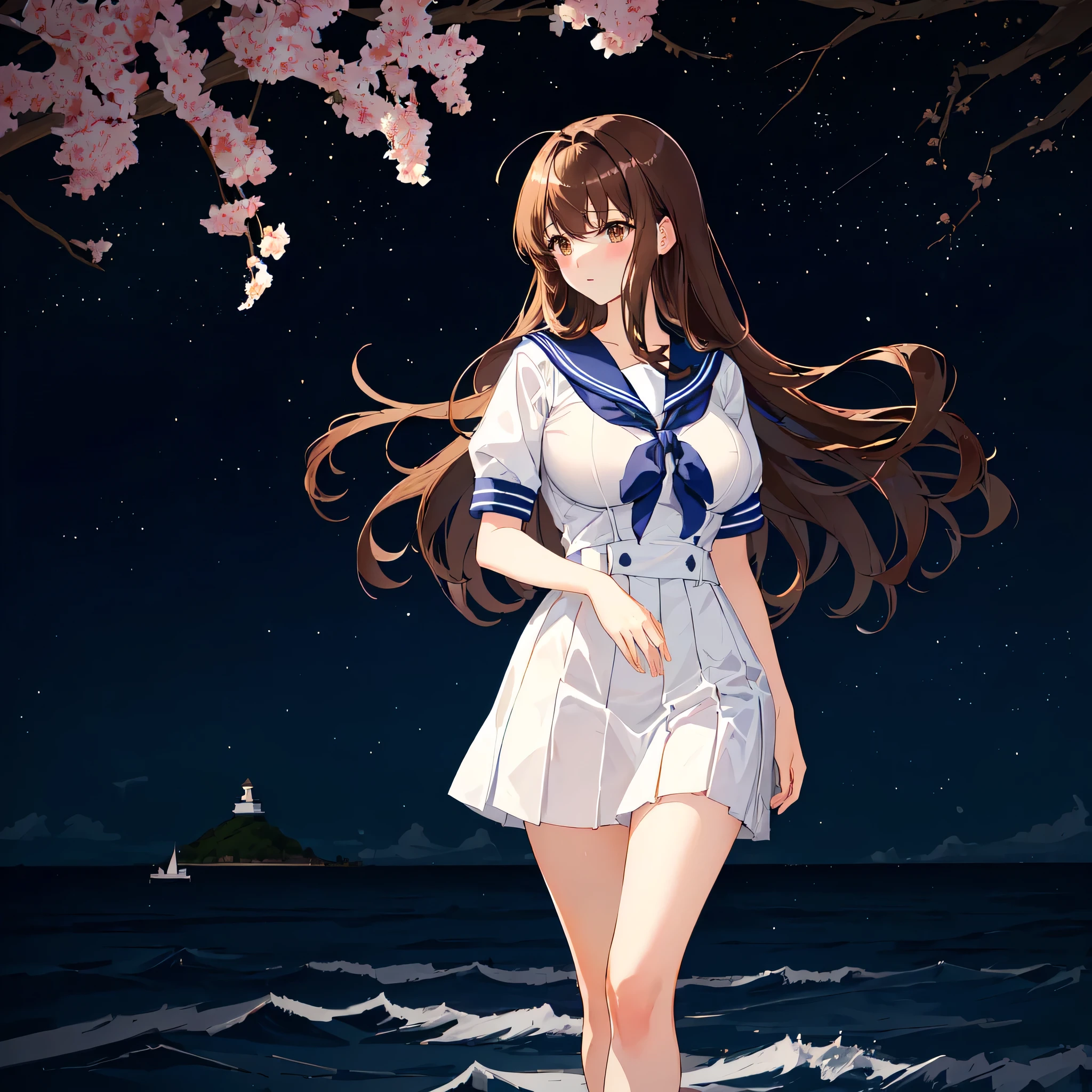 Close up of a woman wearing a sailor suit、alone、masterpiece、Best Quality、 High Resolution 、Woman with long brown hair、Woman with brown eyes 、messy hair、Big Breasts、Tall Woman、 Woman with Very Large Breasts 、( ( Stop 4 # ) )、collarbone、Tall Woman、School uniform、 female high school students、Sailor suit、 white shirt、 light blue sailor collar 、  red neckerchief  、Long sleeve、 light blue skirt 、 pleated skirt、Long skirt、Mouth closed、A woman is standing、Muscular Woman、feminine and muscular、Strong vibe 、Teasing Smile、 antique vibe 、 cowboy shot 、 perfect proportions、Female focus、looking at viewer、