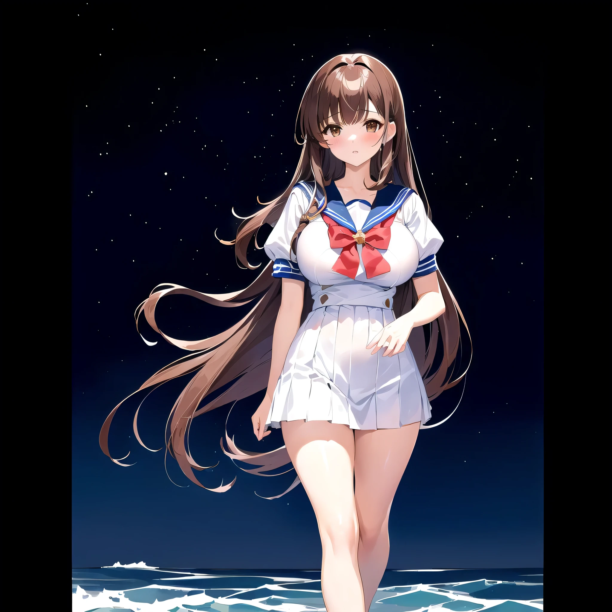 Close up of a woman wearing a sailor suit、alone、masterpiece、Best Quality、 High Resolution 、Woman with long brown hair、Woman with brown eyes 、messy hair、Big Breasts、Tall Woman、 Woman with Very Large Breasts 、( ( Stop 4 # ) )、collarbone、Tall Woman、School uniform、 female high school students、Sailor suit、 white shirt、 light blue sailor collar 、  red neckerchief  、Long sleeve、 light blue skirt 、 pleated skirt、Long skirt、Mouth closed、A woman is standing、Muscular Woman、feminine and muscular、Strong vibe 、Teasing Smile、 antique vibe 、 cowboy shot 、 perfect proportions、Female focus、looking at viewer、